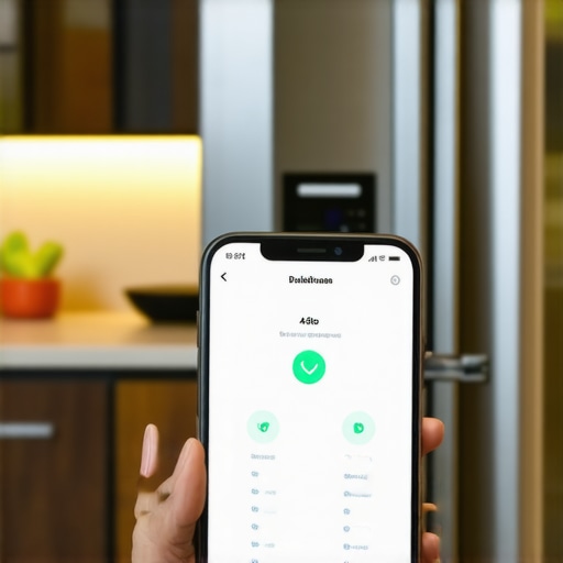 A person checking a smart home app for refrigerator diagnostic errors in a modern kitchen.