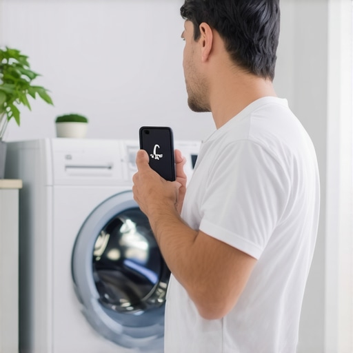 Troubleshooting Smart Appliance Firmware A person managing a smart washing machine firmware update via smartphone app.