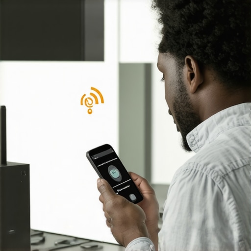 Troubleshooting Smart Fridge Connectivity A person using a smartphone to fix Wi-Fi connection issues on a smart refrigerator.