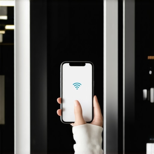Troubleshooting Smart Fridge Wi-Fi Connection A hand holding a smartphone while attempting to connect a smart refrigerator to a mesh Wi-Fi network.
