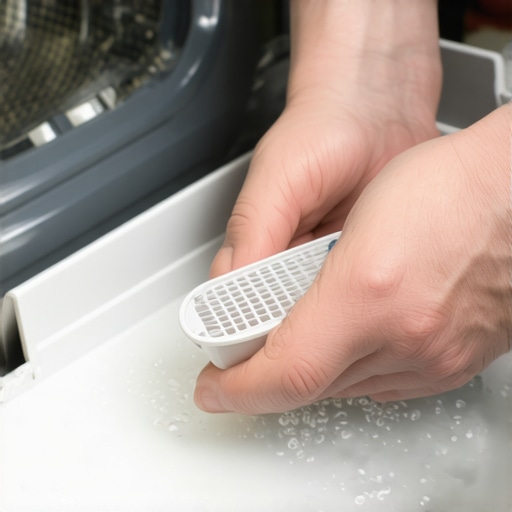 Unscrewing the washing machine debris filter Hands unscrewing a washing machine debris filter with water draining into a pan