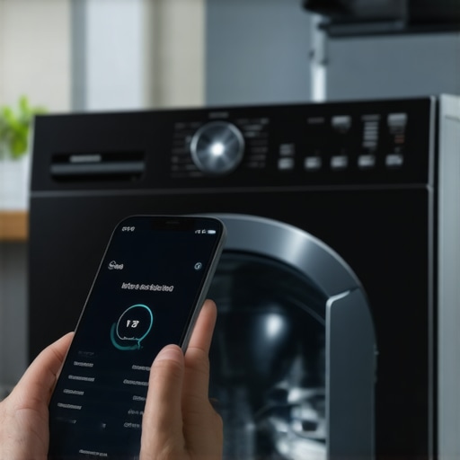 A person using a smartphone to perform a firmware update on a high-tech washing machine.