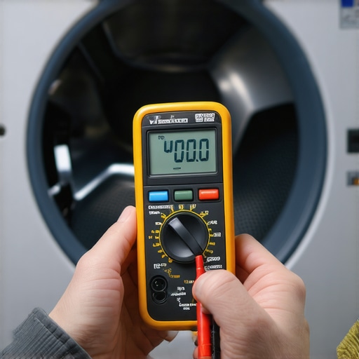 Using a Multimeter for Appliance Diagnostic Close up of a digital multimeter being used to diagnose a washing machine control board error.