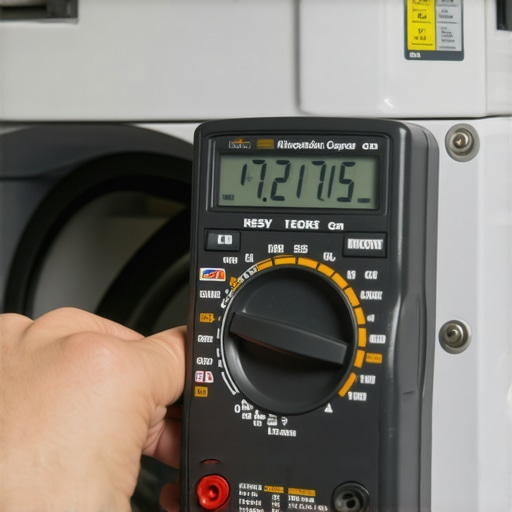 A digital multimeter being used to test internal washing machine components for DIY repair.