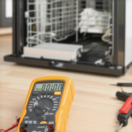 Digital multimeter testing dishwasher heating element continuity