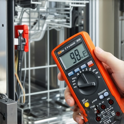 Using a Multimeter for Appliance Repair Close-up of a digital multimeter testing a smart dishwasher sensor