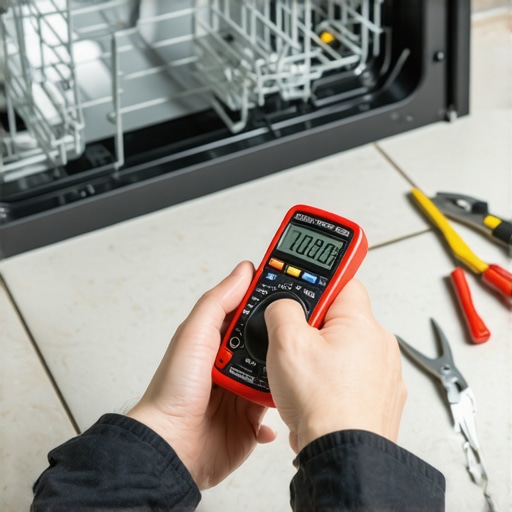 Using a multimeter for appliance repair A homeowner using a digital multimeter to troubleshoot a dishwasher component.