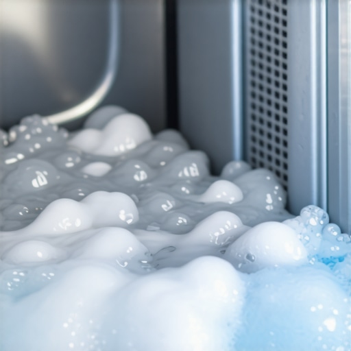 Close-up of a dirty washing machine detergent drawer showing soap scum buildup