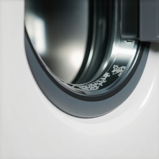 Waxy detergent residue inside a washing machine gasket Close-up view of grey sludge and soap residue buildup inside a high-efficiency washing machine drum.